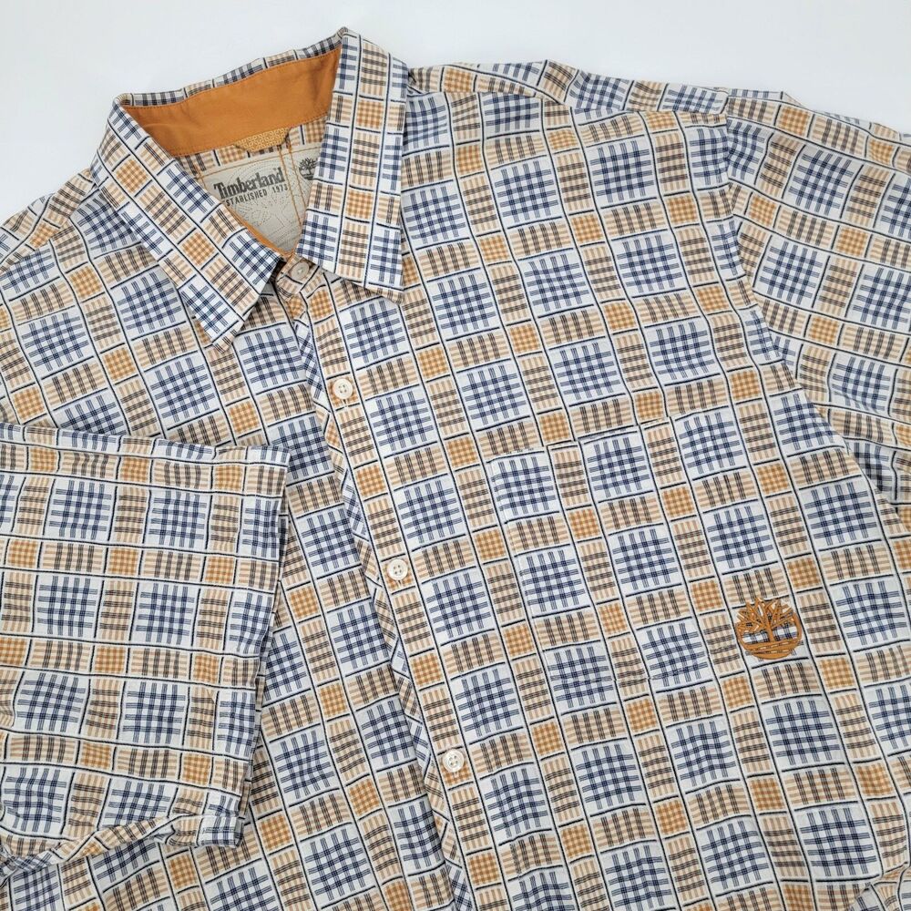 Timberland Mens Blue/Gold Upscale Plaid Cotton Short Sleeve Button-up Shirt 3XL